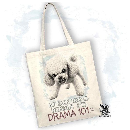 Borsa Tote beige con stampata un Barbone, grafica Drama 101 originale di Roba Bestiale 