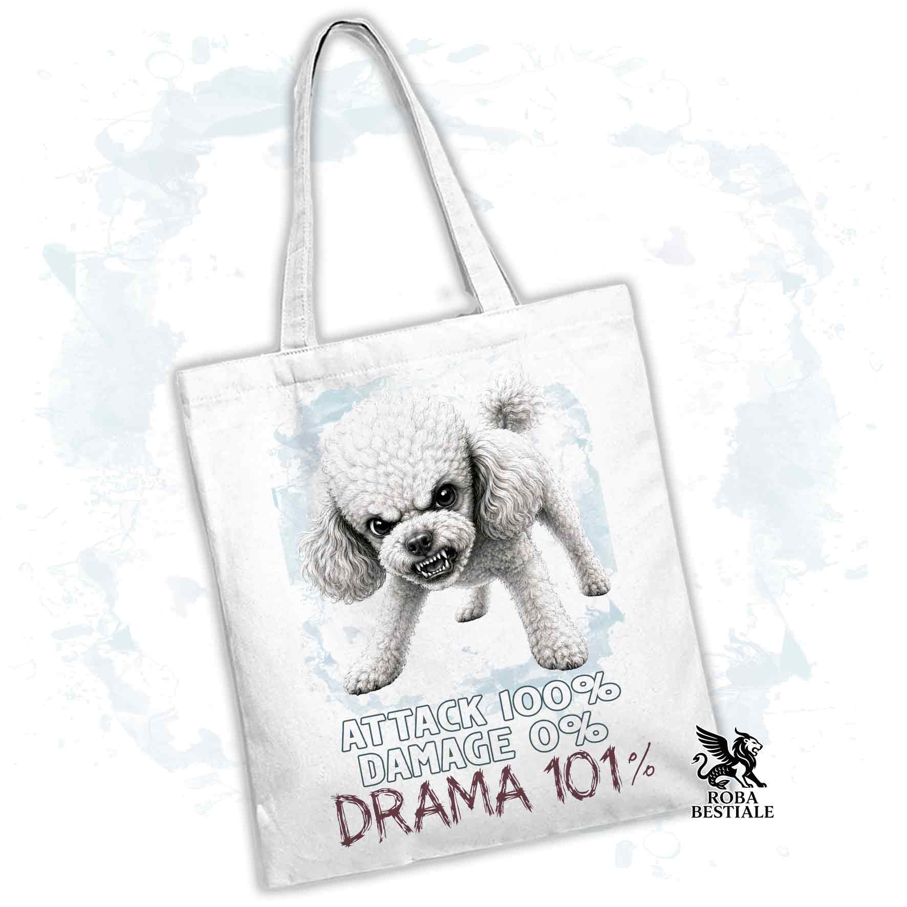 Borsa Tote beige con stampata un Barbone, grafica Drama 101 originale di Roba Bestiale 