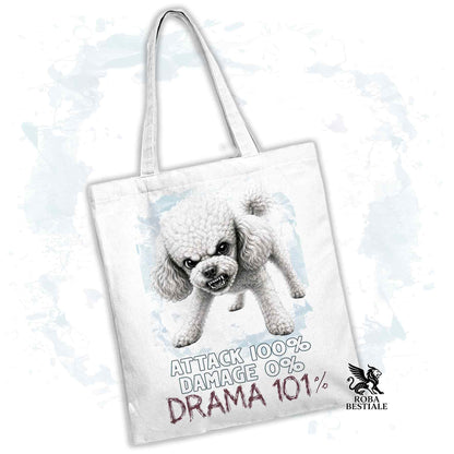 Borsa Tote beige con stampata un Barbone, grafica Drama 101 originale di Roba Bestiale 