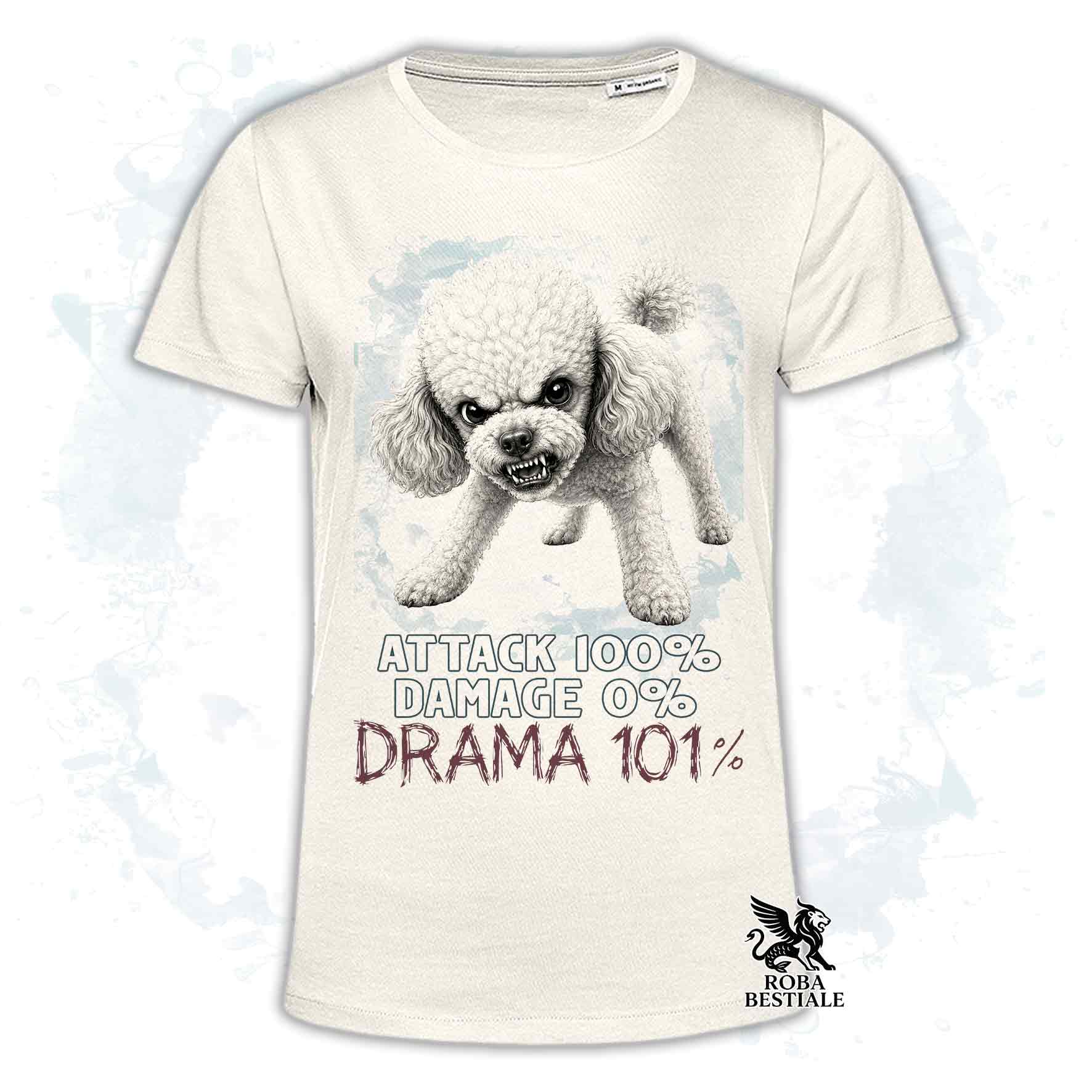 Maglietta beige stampata con un Barbone toy, collezione originale Drama 101 di Roba Bestiale 