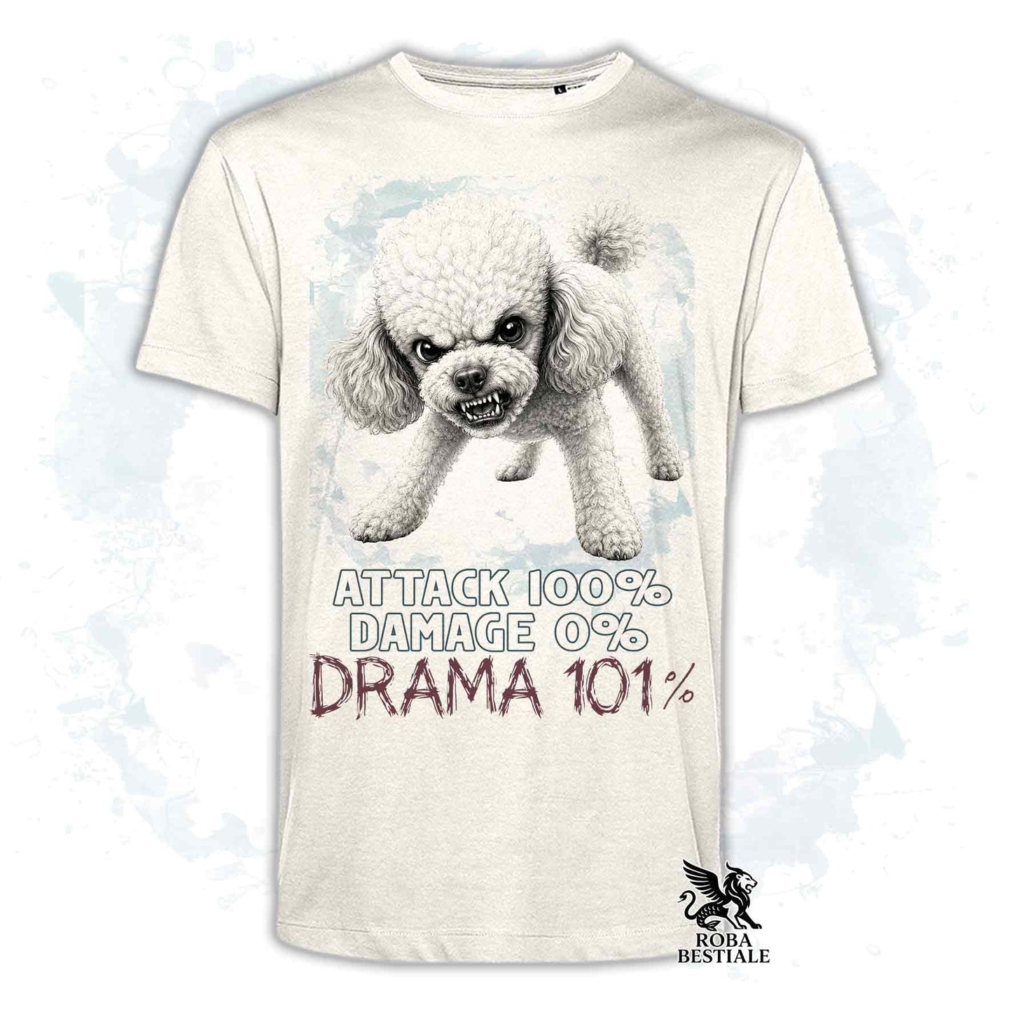 Maglietta beige stampata con un Barbone toy, collezione originale Drama 101 di Roba Bestiale 