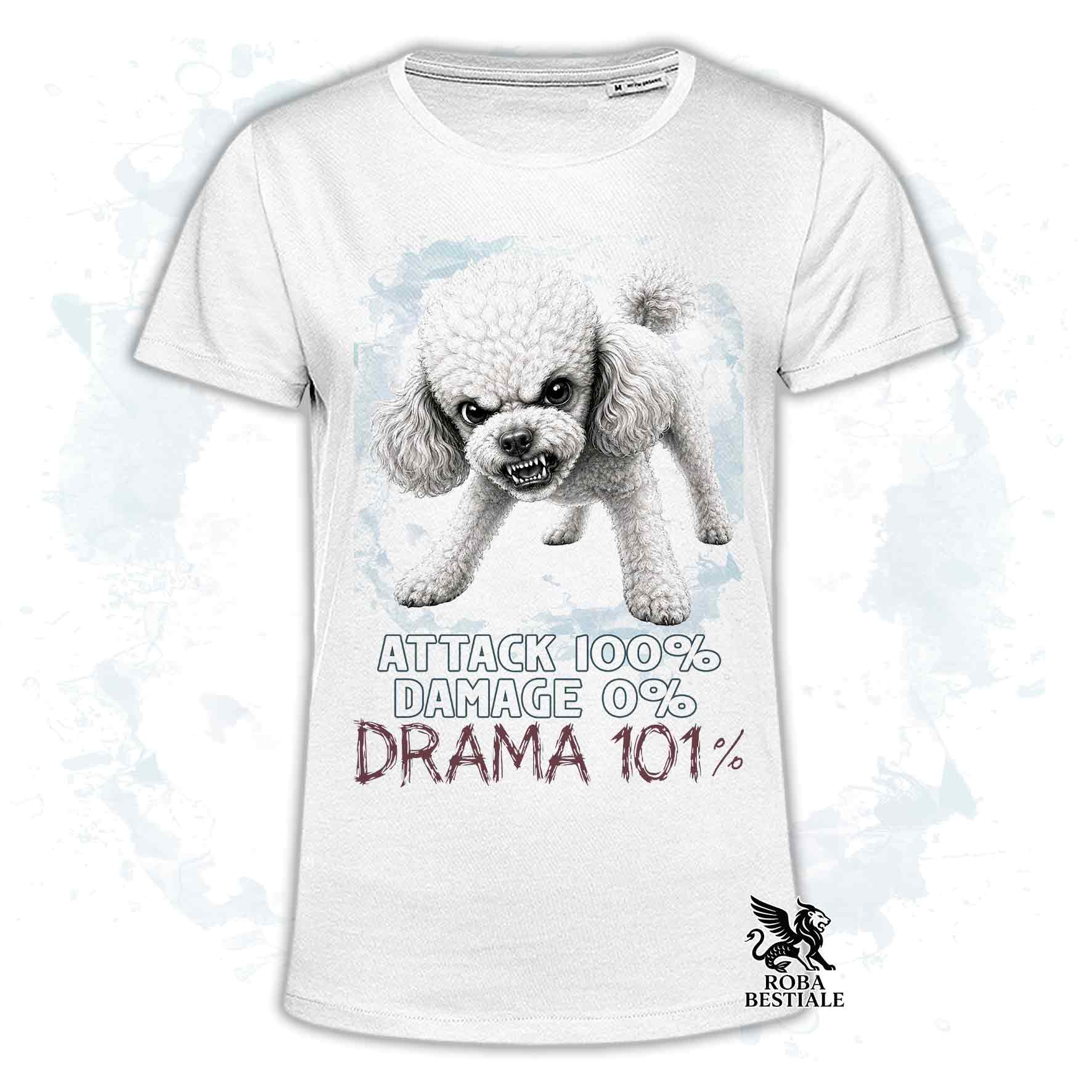 Maglietta bianca stampata con un Barbone toy, collezione originale Drama 101 di Roba Bestiale 