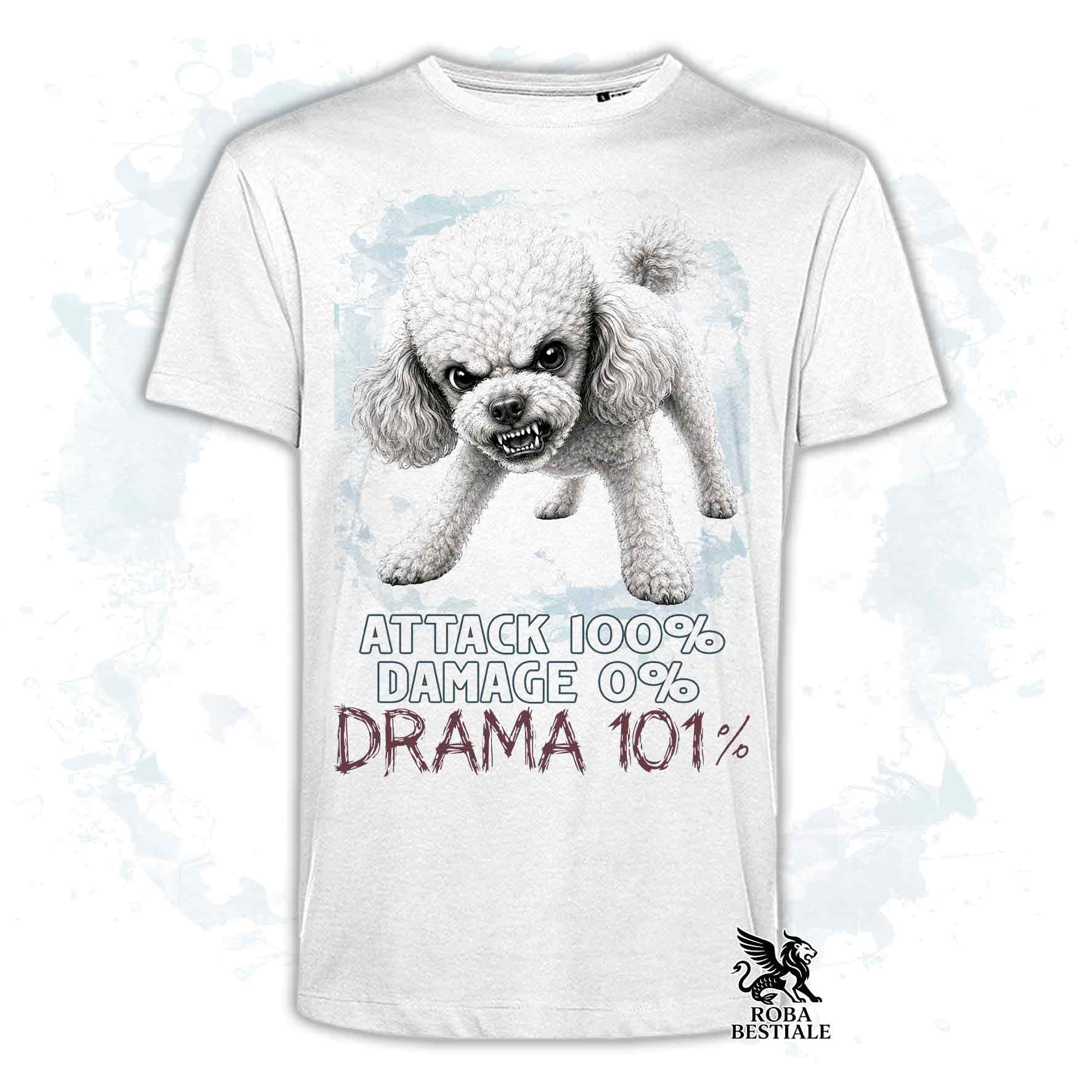 Maglietta bianca stampata con un Barbone toy, collezione originale Drama 101 di Roba Bestiale 