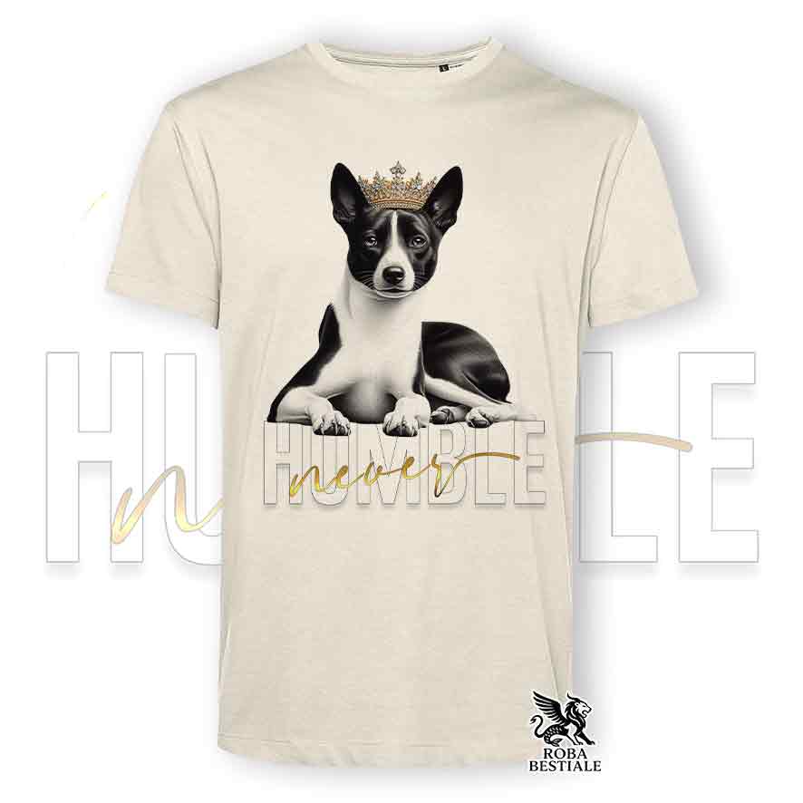 T-shirt beige stampata con un Basenji, grafica Never Humble