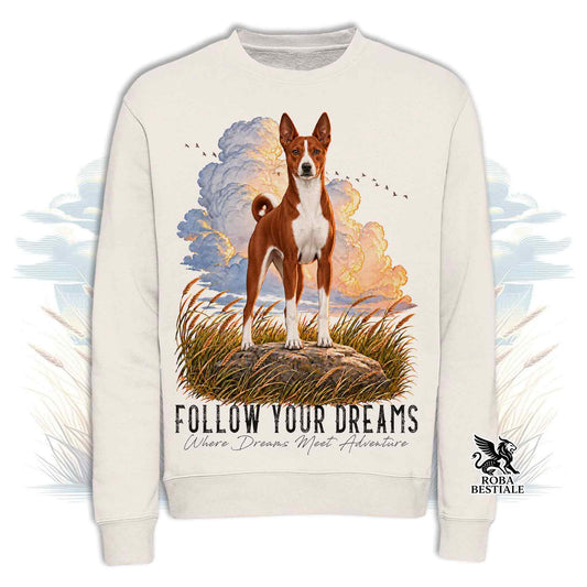 Felpa girocollo bianca BASENJI con stampa cane e scritta Follow Your Dreams