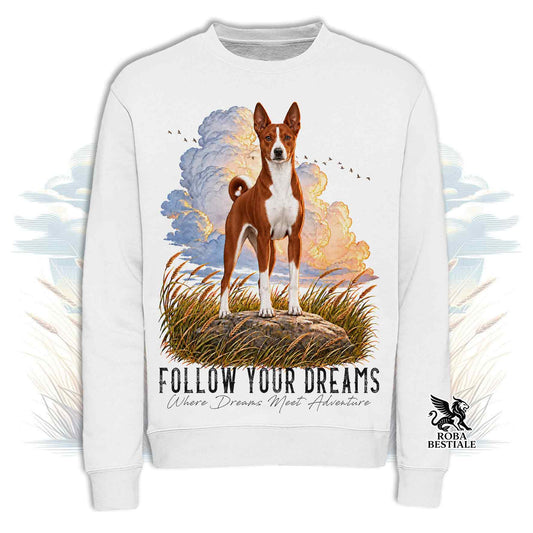Felpa girocollo bianca con stampa cane e testo Follow Your Dreams, logo ROBABLE