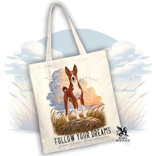 Borsa tote bianca in tela con stampa cane basenji e scritta “Follow your dreams”