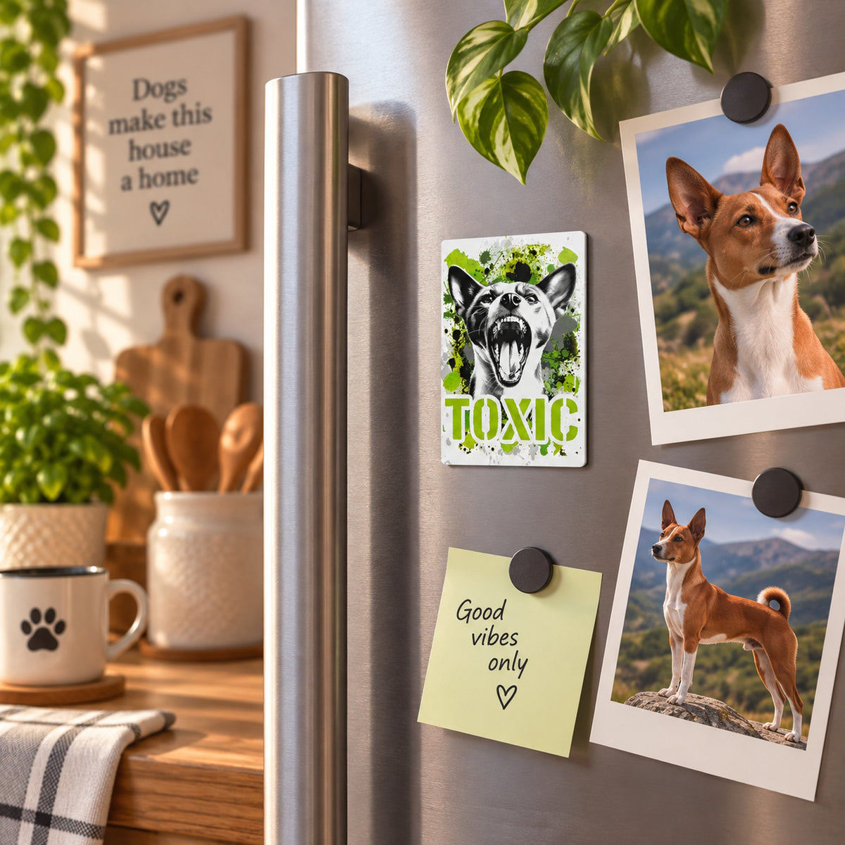 Calamita in MDF con la stampa di un Basenji. Idea regalo per amanti dei cani, da Roba Bestiale