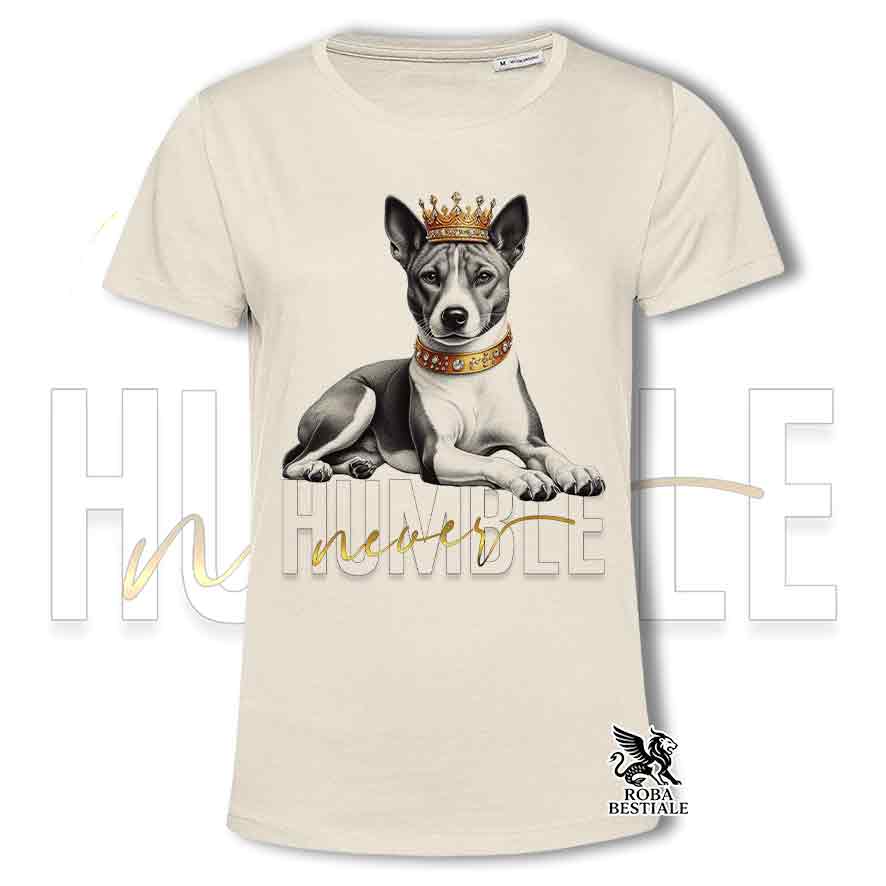 T-shirt stampata con un Basenji, colore beige con grafica Never Humble