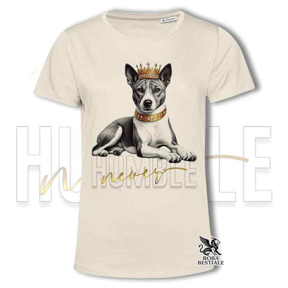 T-shirt stampata con un Basenji, colore beige con grafica Never Humble