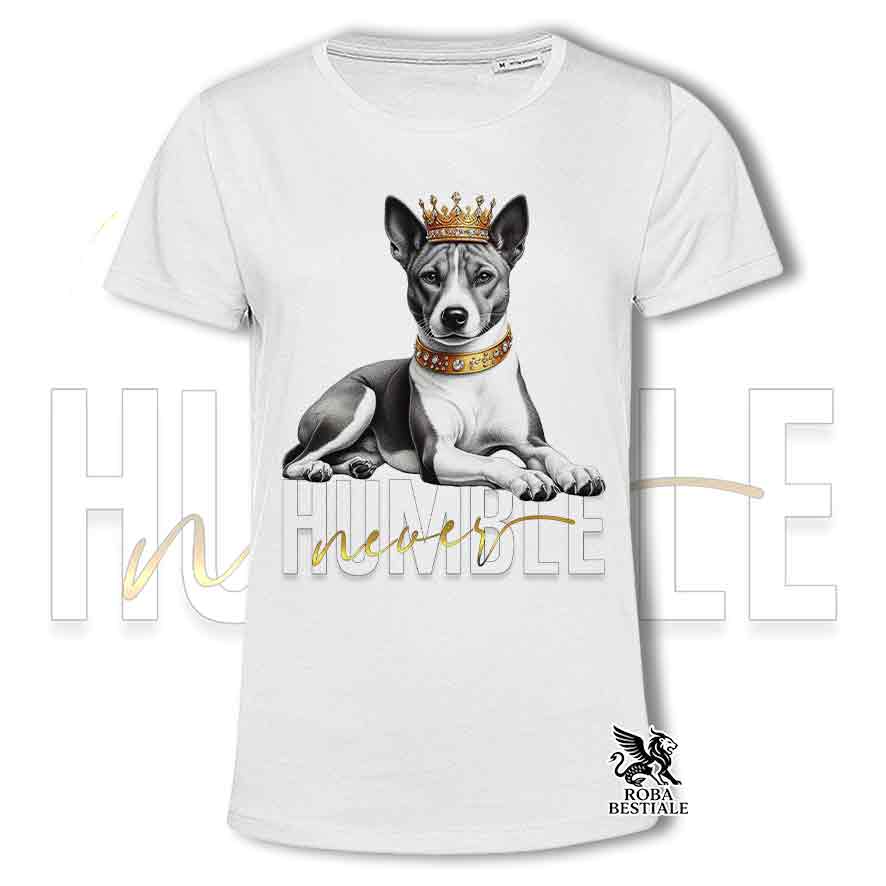 T-shirt stampata con un Basenji, colore bianco con grafica Never Humble
