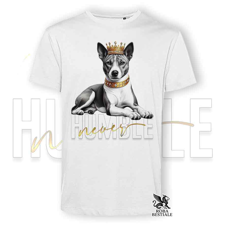 T-shirt stampata con un Basenji, colore bianco con grafica Never Humble