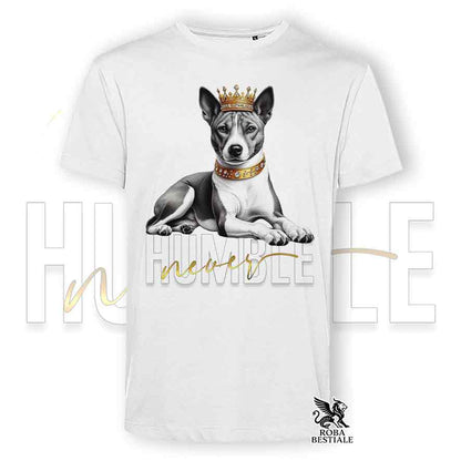 T-shirt stampata con un Basenji, colore bianco con grafica Never Humble