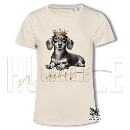 T-shirt stampata con un Bassotto a pelo corto, colore beige con grafica Never Humble