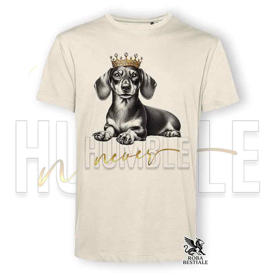 T-shirt stampata con un Bassotto a pelo corto, colore beige con grafica Never Humble