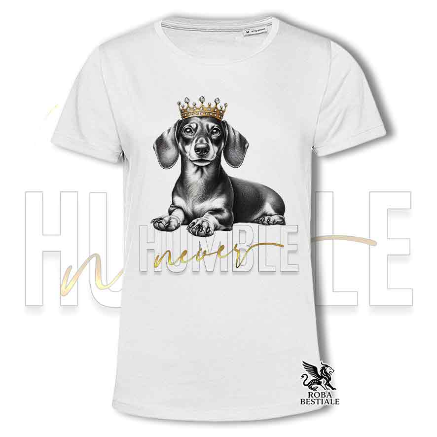 T-shirt stampata con un Bassotto a pelo corto, colore bianco con grafica Never Humble
