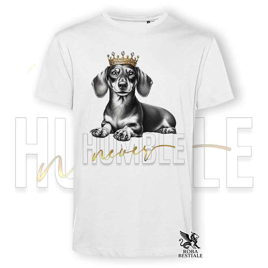 T-shirt stampata con un Bassotto a pelo corto, colore bianco con grafica Never Humble
