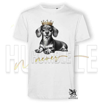T-shirt stampata con un Bassotto a pelo corto, colore bianco con grafica Never Humble