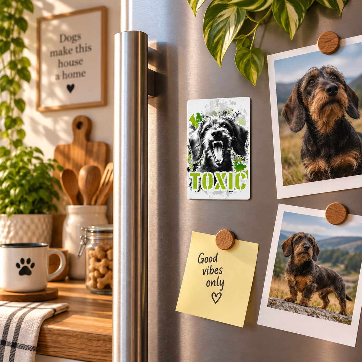 Calamita in MDF con la stampa di un Bassotto Tedesco a pelo duro. Idea regalo per amanti dei cani, da Roba Bestiale