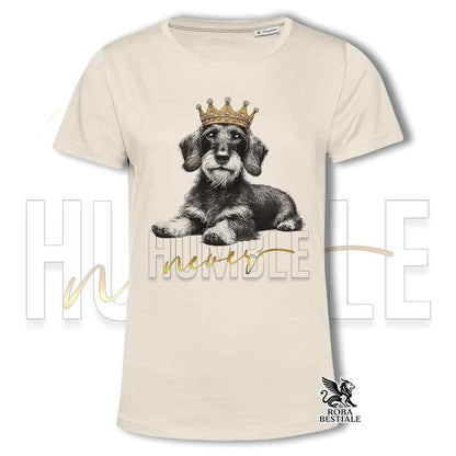 T-shirt stampata con un Bassotto Tedesco a pelo duro, colore beige con grafica Never Humble