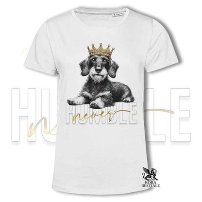 T-shirt stampata con un Bassotto Tedesco a pelo duro, colore bianco con grafica Never Humble