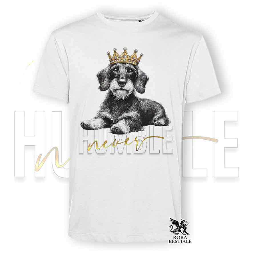 T-shirt stampata con un Bassotto Tedesco a pelo duro, colore bianco con grafica Never Humble