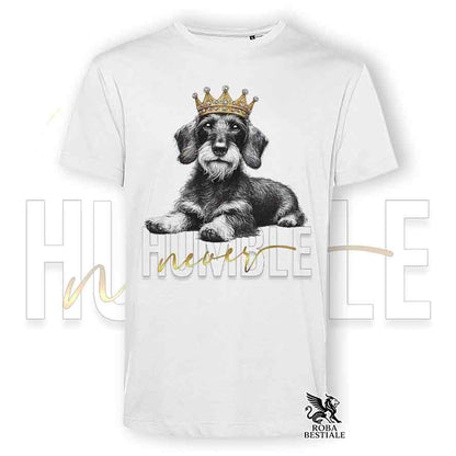 T-shirt stampata con un Bassotto Tedesco a pelo duro, colore bianco con grafica Never Humble
