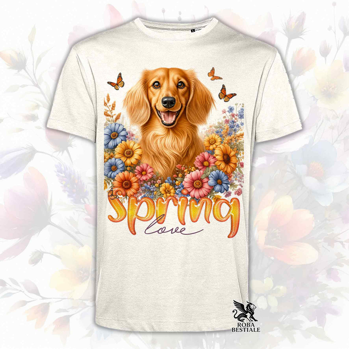 Una t-shirt beige stampata con un Bassotto a pelo lungo immerso nei fiori colorati. Collezione Spring Love di Roba Bestiale