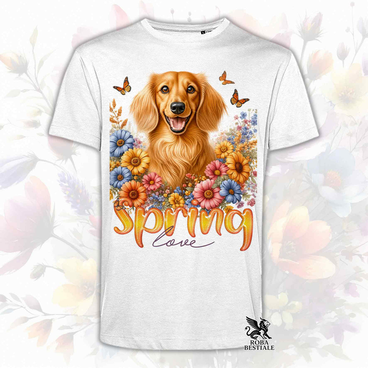 Una t-shirt bianca stampata con un Bassotto a pelo lungo immerso nei fiori colorati. Collezione Spring Love di Roba Bestiale