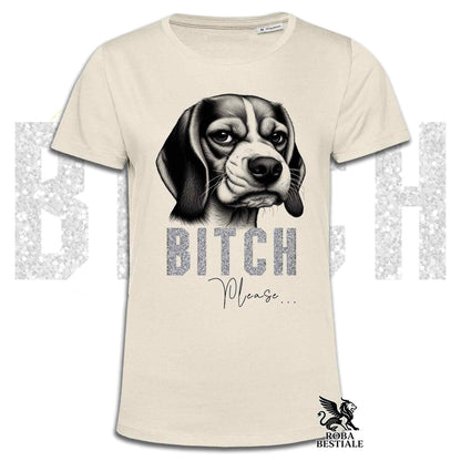 T-shirt beige stampata con un Beagle con espressione disgustata. Grafica originale Roba Bestiale, collezione Bitch Please