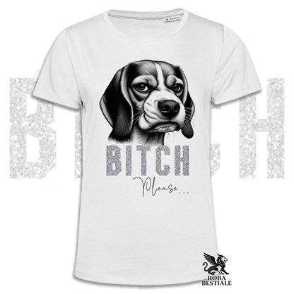 T-shirt bianca stampata con un Beagle con espressione disgustata. Grafica originale Roba Bestiale, collezione Bitch Please