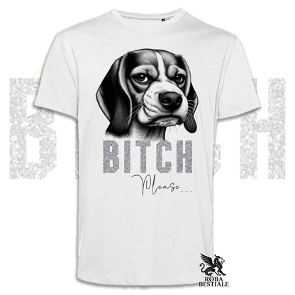 T-shirt bianca stampata con un Beagle con espressione disgustata. Grafica originale Roba Bestiale, collezione Bitch Please