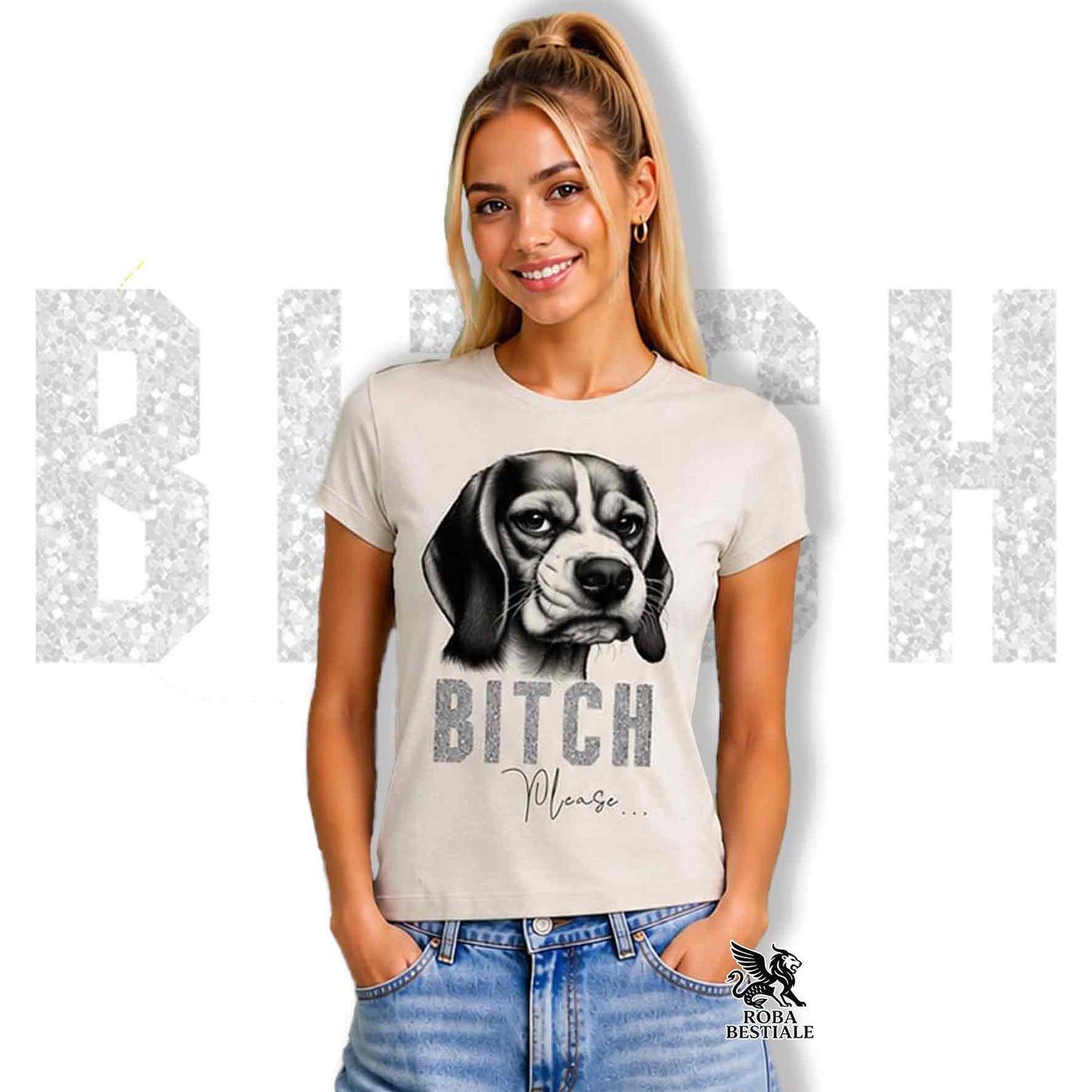 T-shirt bianca stampata con un Beagle con espressione disgustata. Grafica originale Roba Bestiale, collezione Bitch Please
