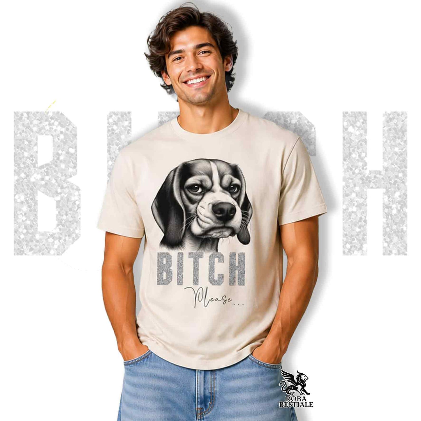T-shirt bianca stampata con un Beagle con espressione disgustata. Grafica originale Roba Bestiale, collezione Bitch Please
