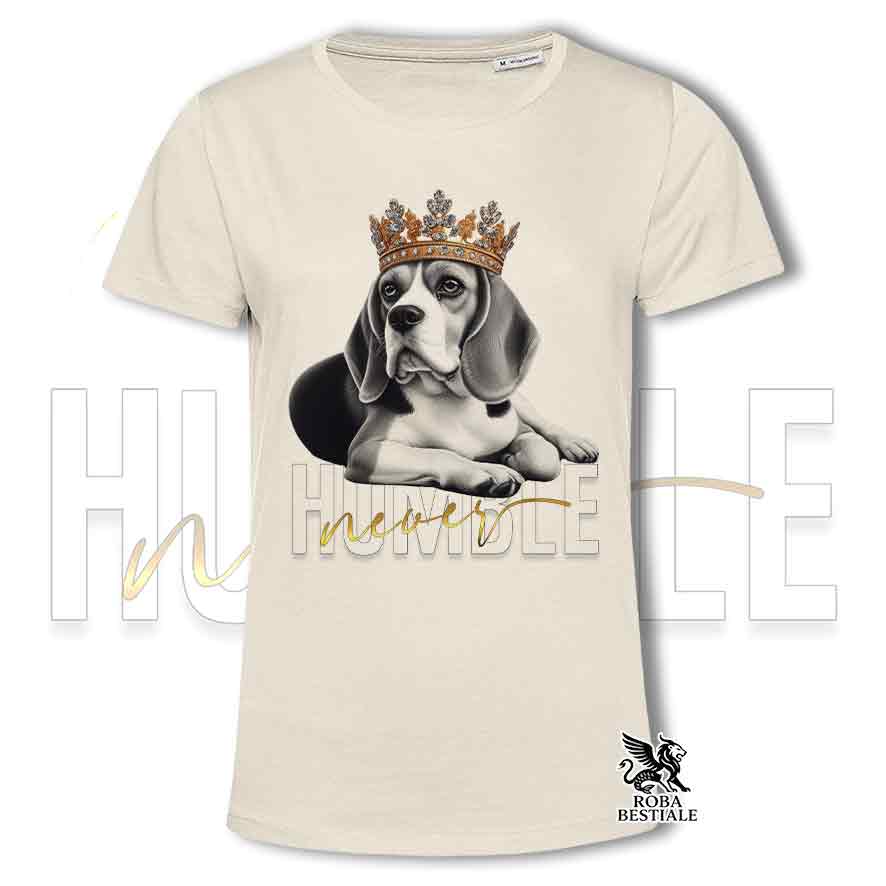 T-shirt stampata con un Beagle, colore beige con grafica Never Humble