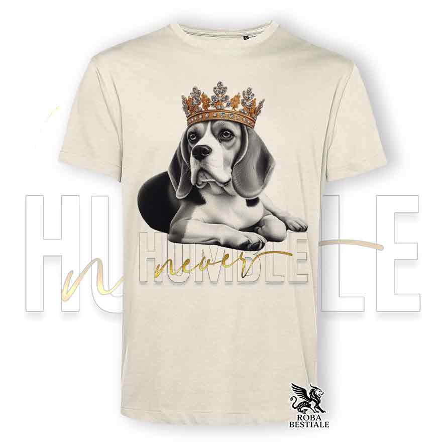 T-shirt stampata con un Beagle, colore beige con grafica Never Humble