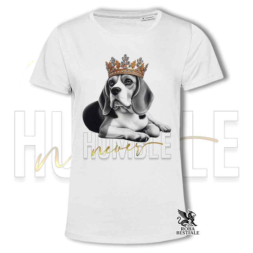T-shirt stampata con un Beagle, colore bianco con grafica Never Humble