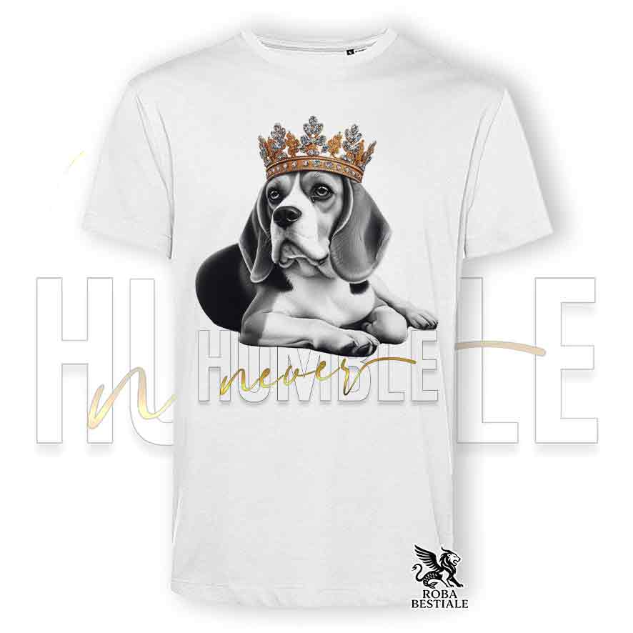 T-shirt stampata con un Beagle, colore bianco con grafica Never Humble