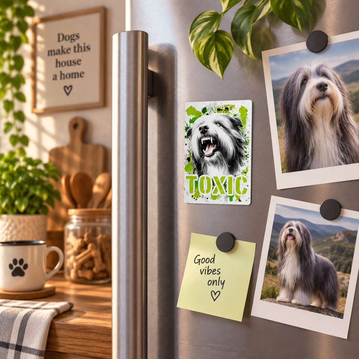 Calamita in MDF con la stampa di un Bearded Collie. Idea regalo per amanti dei cani, da Roba Bestiale