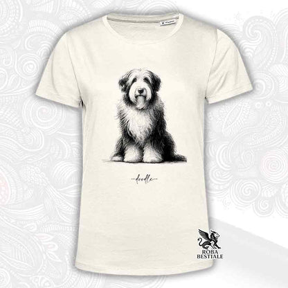 T-shirt beige stampata con un Bearded Collie, grafica Doodle