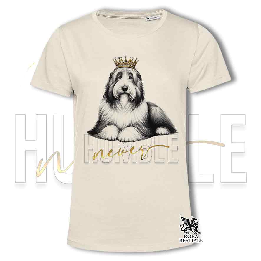 T-shirt stampata con un Bearded Collie, colore beige con grafica Never Humble