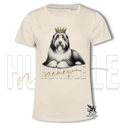 T-shirt stampata con un Bearded Collie, colore beige con grafica Never Humble