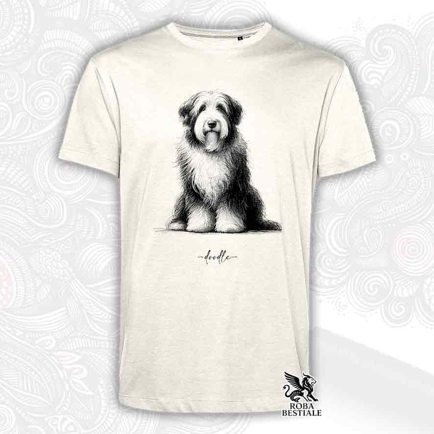 T-shirt beige stampata con un Bearded Collie, grafica Doodle