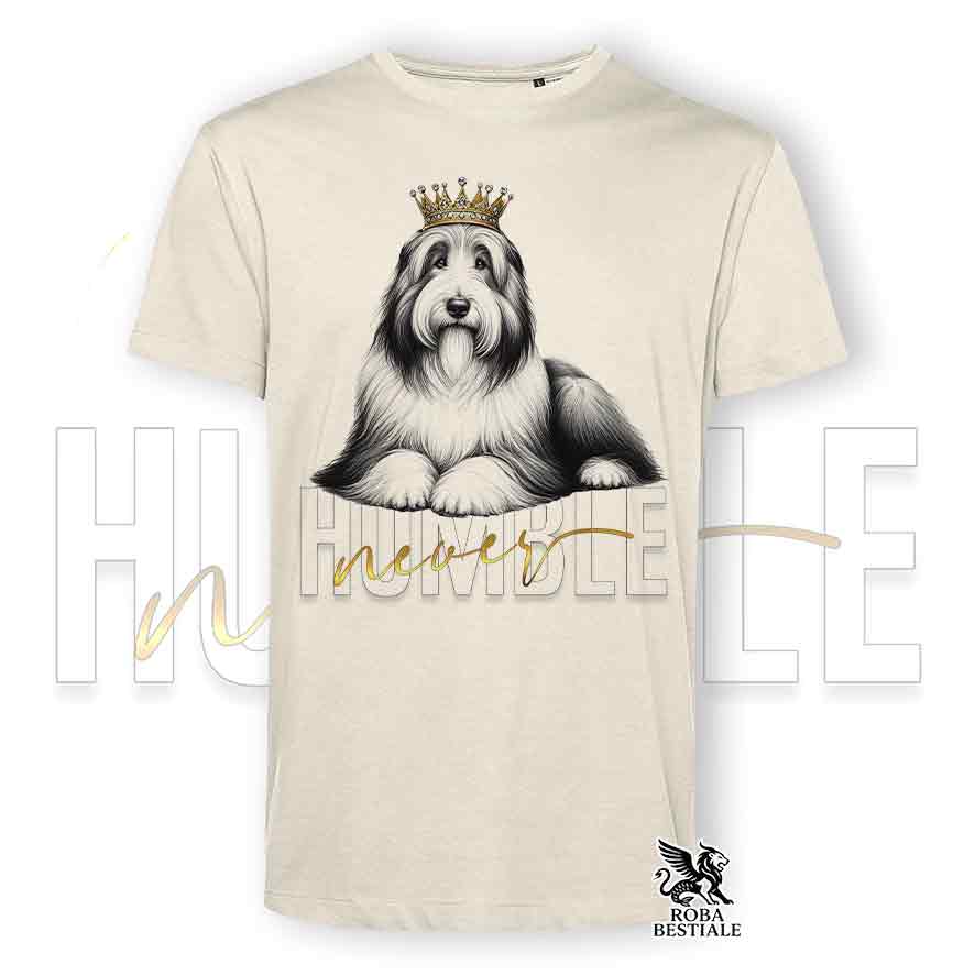 T-shirt stampata con un Bearded Collie, colore beige con grafica Never Humble