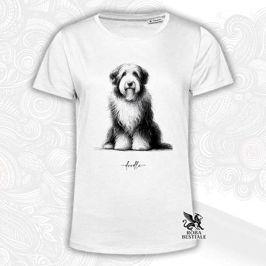 T-shirt bianca stampata con un Bearded Collie, grafica Doodle
