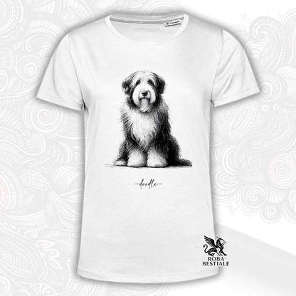 T-shirt bianca stampata con un Bearded Collie, grafica Doodle