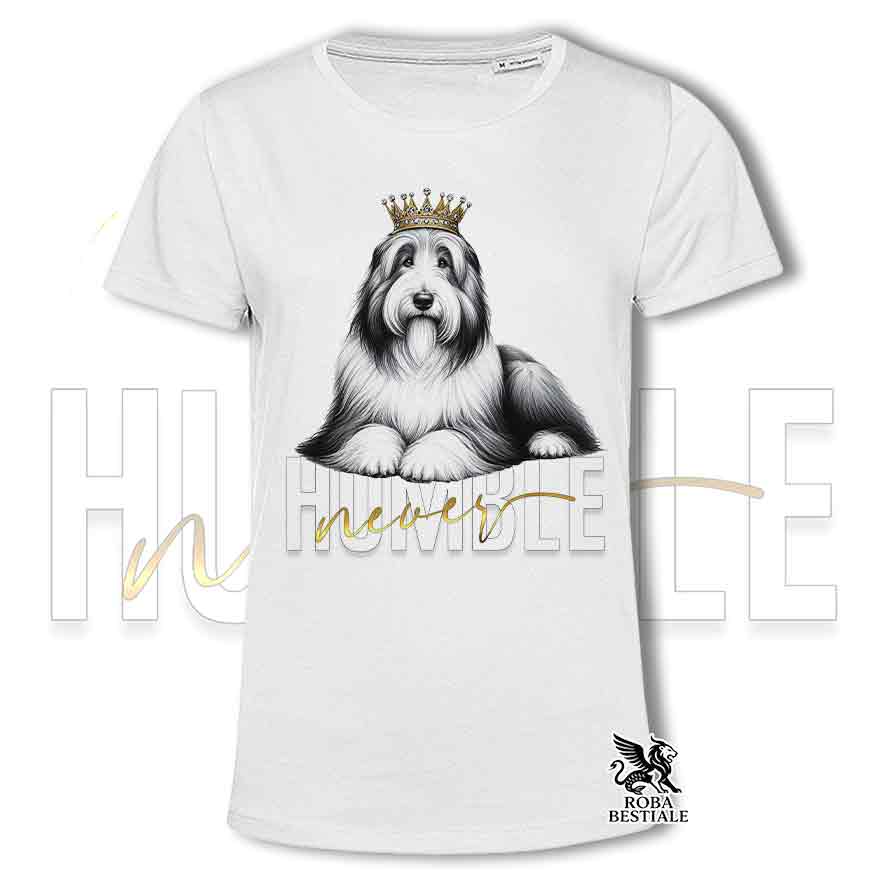 T-shirt stampata con un Bearded Collie, colore bianco con grafica Never Humble