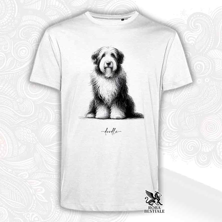 T-shirt bianca stampata con un Bearded Collie, grafica Doodle