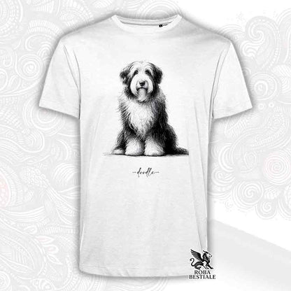 T-shirt bianca stampata con un Bearded Collie, grafica Doodle