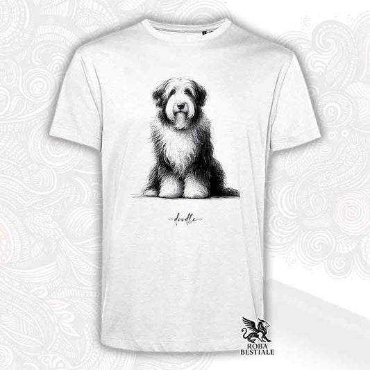 T-shirt bianca stampata con un Bearded Collie, grafica Doodle